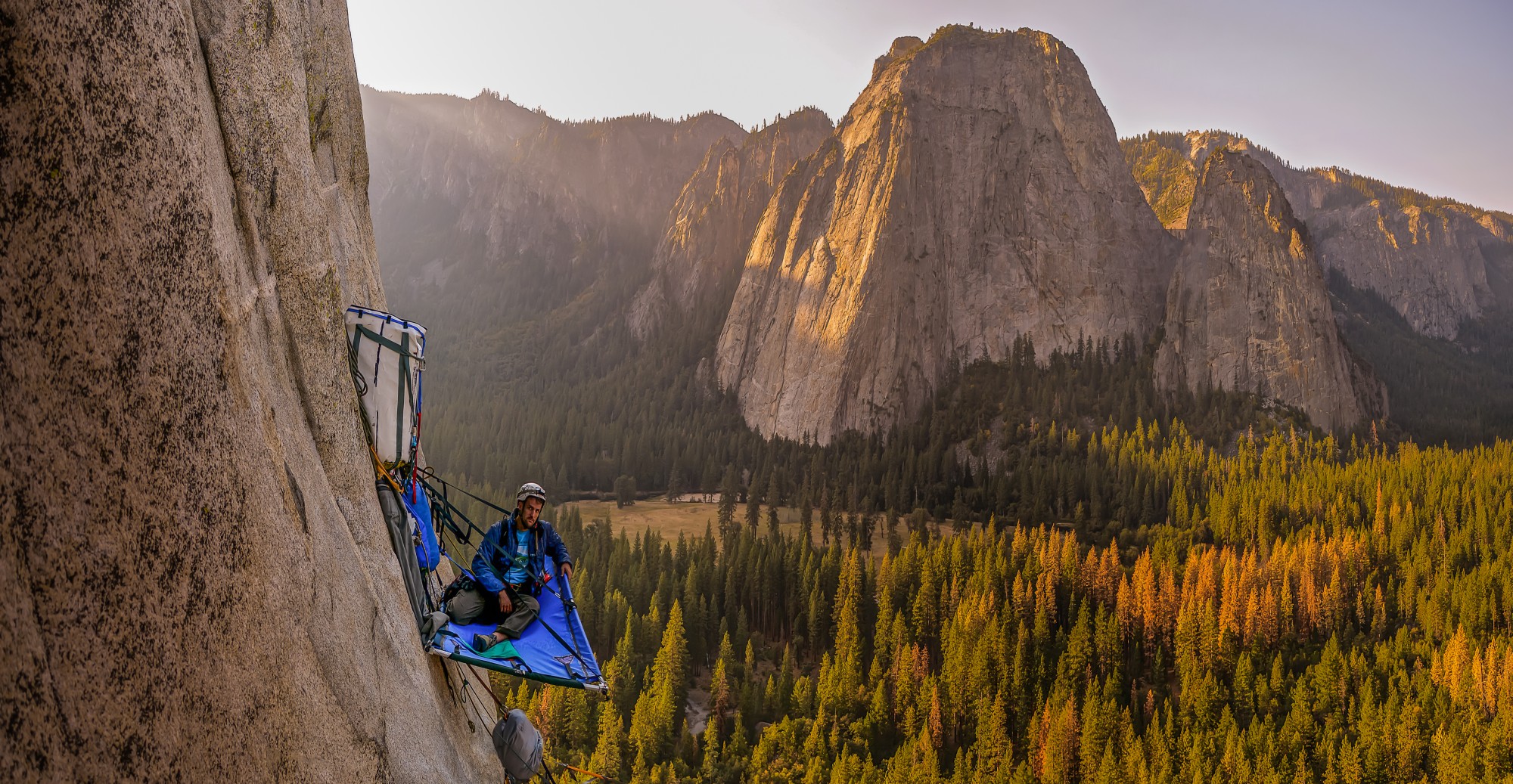 Two rock climbers on portaledges on triple direct, El Capitan, Yosemite Valley, California, USA